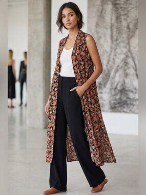 LuLaRoe Joy Sleeveless Duster Vest Large L Black Red Floral Boho